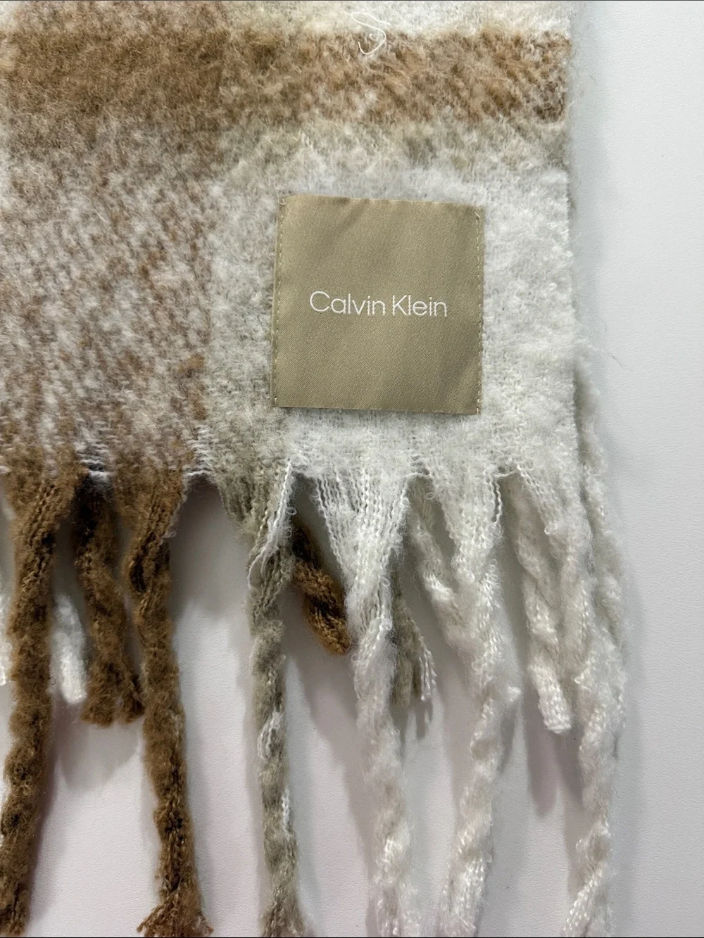 Calvin Klein Cream & Brown Plaid Fringe Throw Scarf 74 X17 inches